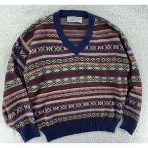 vintage SEARS MEN'S STORE FAIR ISLE KNIT V-NECK Sweater BOXY‎ Medium Geometric